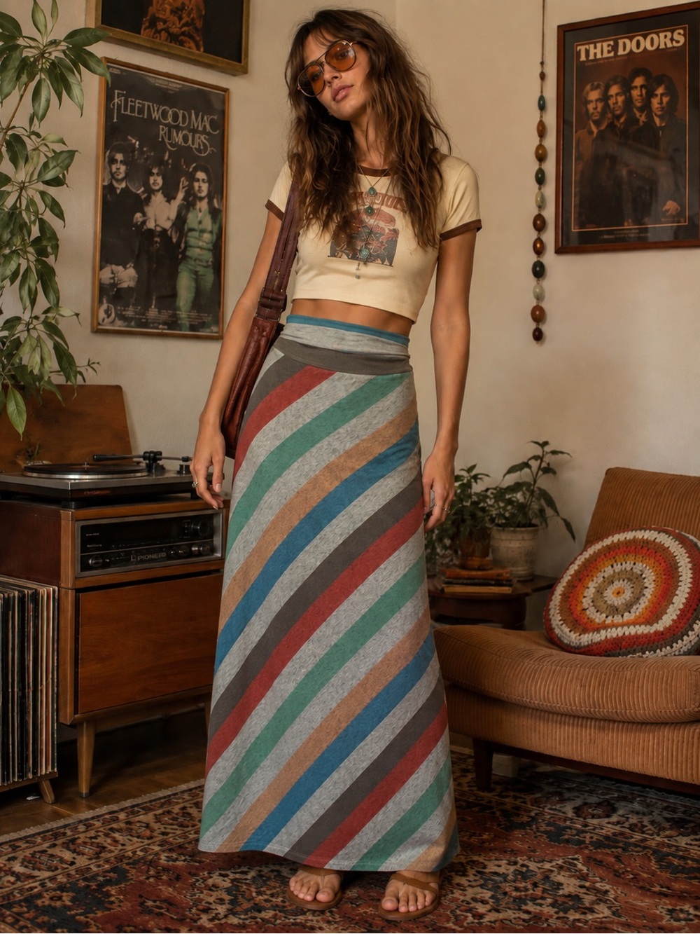 Faded Glory XL (16-18) Y2K Retro Striped Maxi Skirt Fold Over Waist 70s Boho